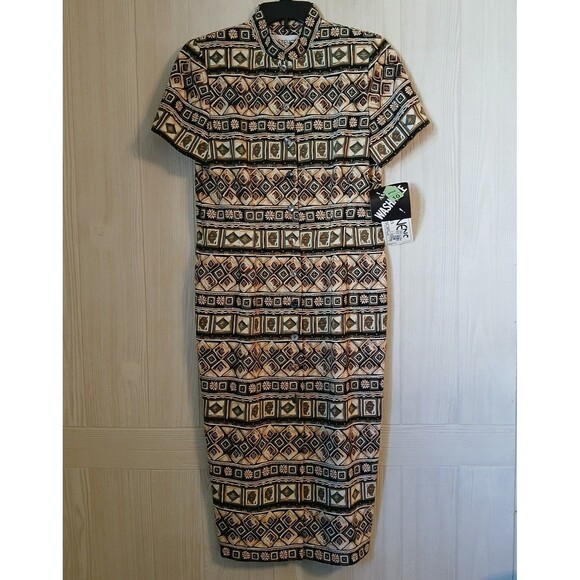 J Stevens Women's Size 10P Olive Beige Afrocentric Style Padded Shoulder Dress - Picture 1 of 9